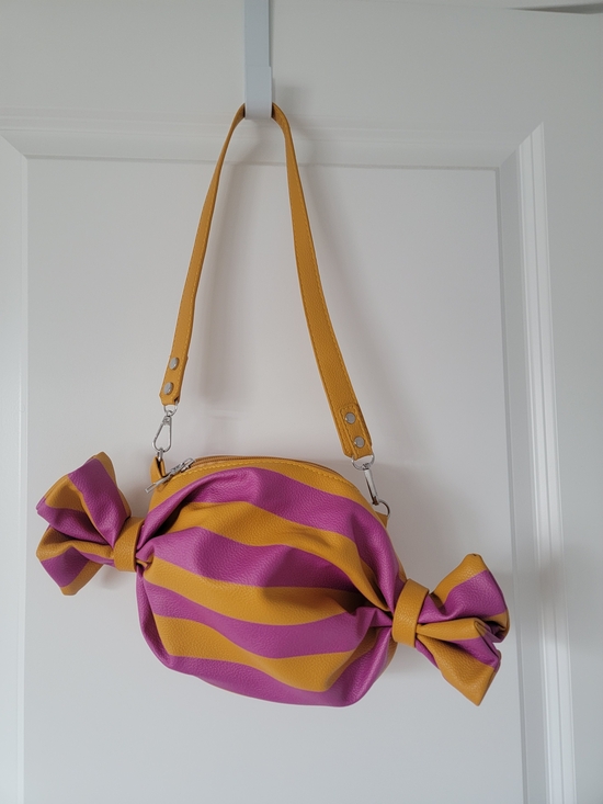 Handbags - Striped Faux Leather Bonbon Candy Shoulder Bag in Mustard and Magenta
